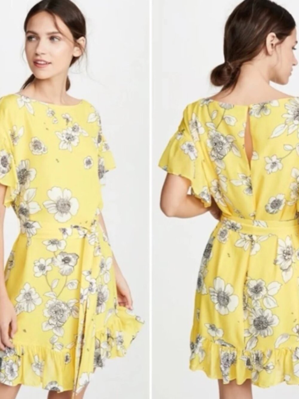 Alice + Olivia Ellamae Yellow Floral Ruffle Mini Dress Belted Size Small